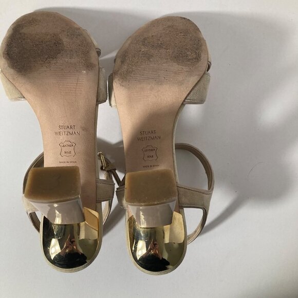 Womens Stuart Weitzman Suede Tan Gold Heeled Sandals 9N - Picture 7 of 10